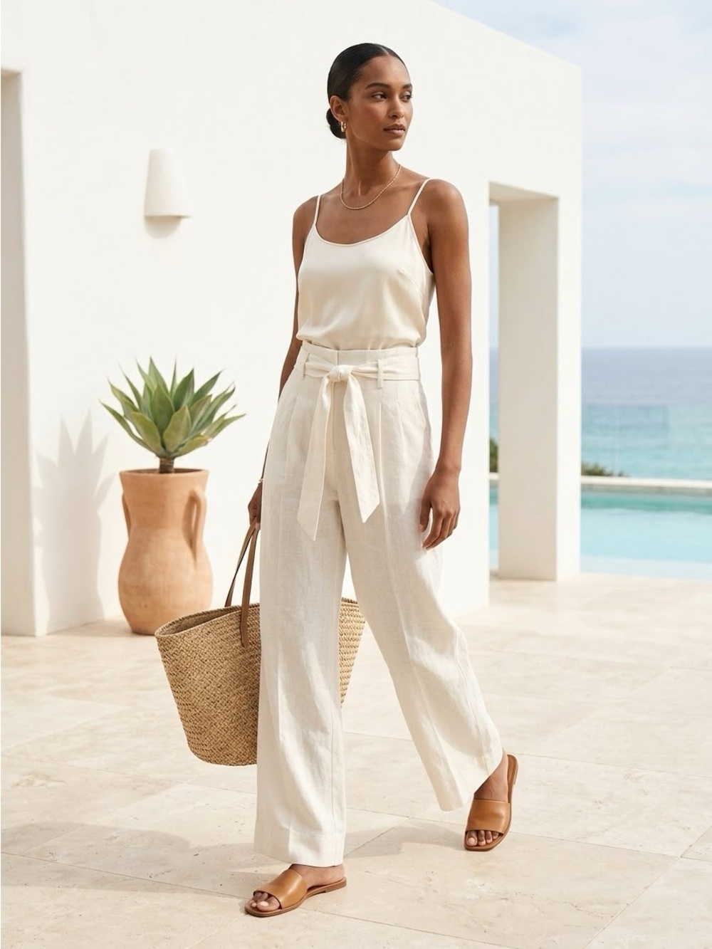 Banana Republic Cream Linen Blend Wide Leg Tie Waist Trousers - US 4